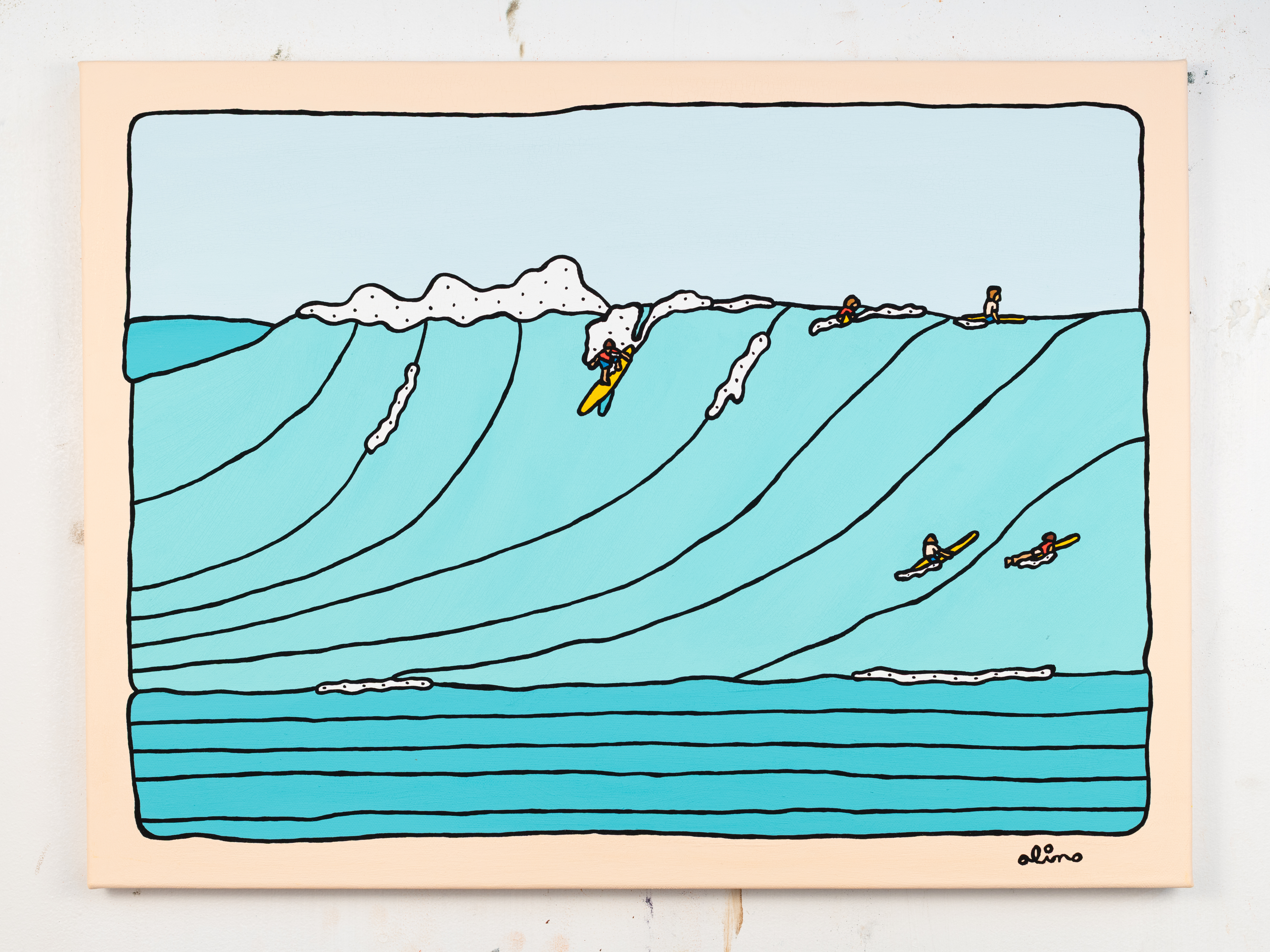 painting of man hiking in snow