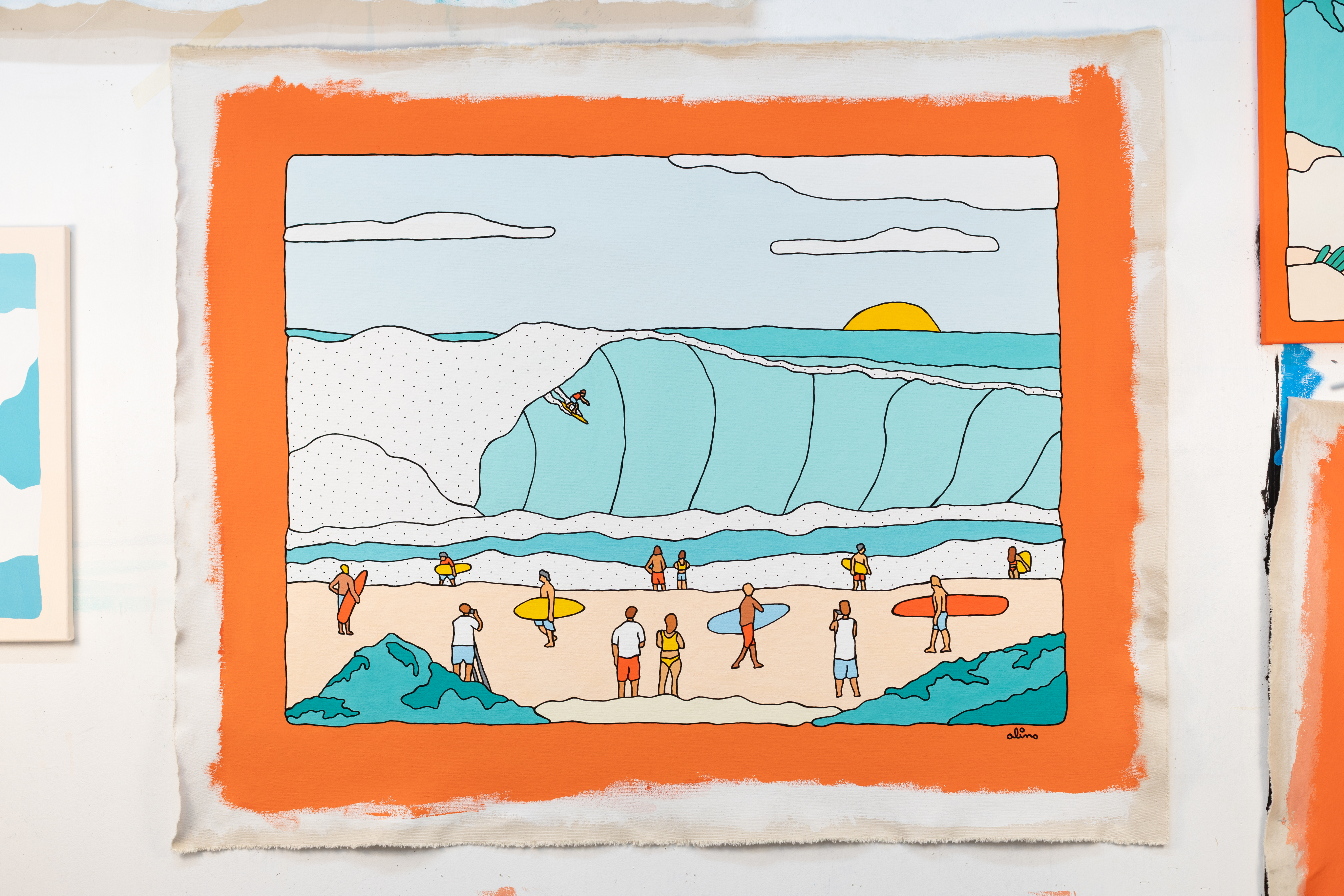 painting of man hiking in snow