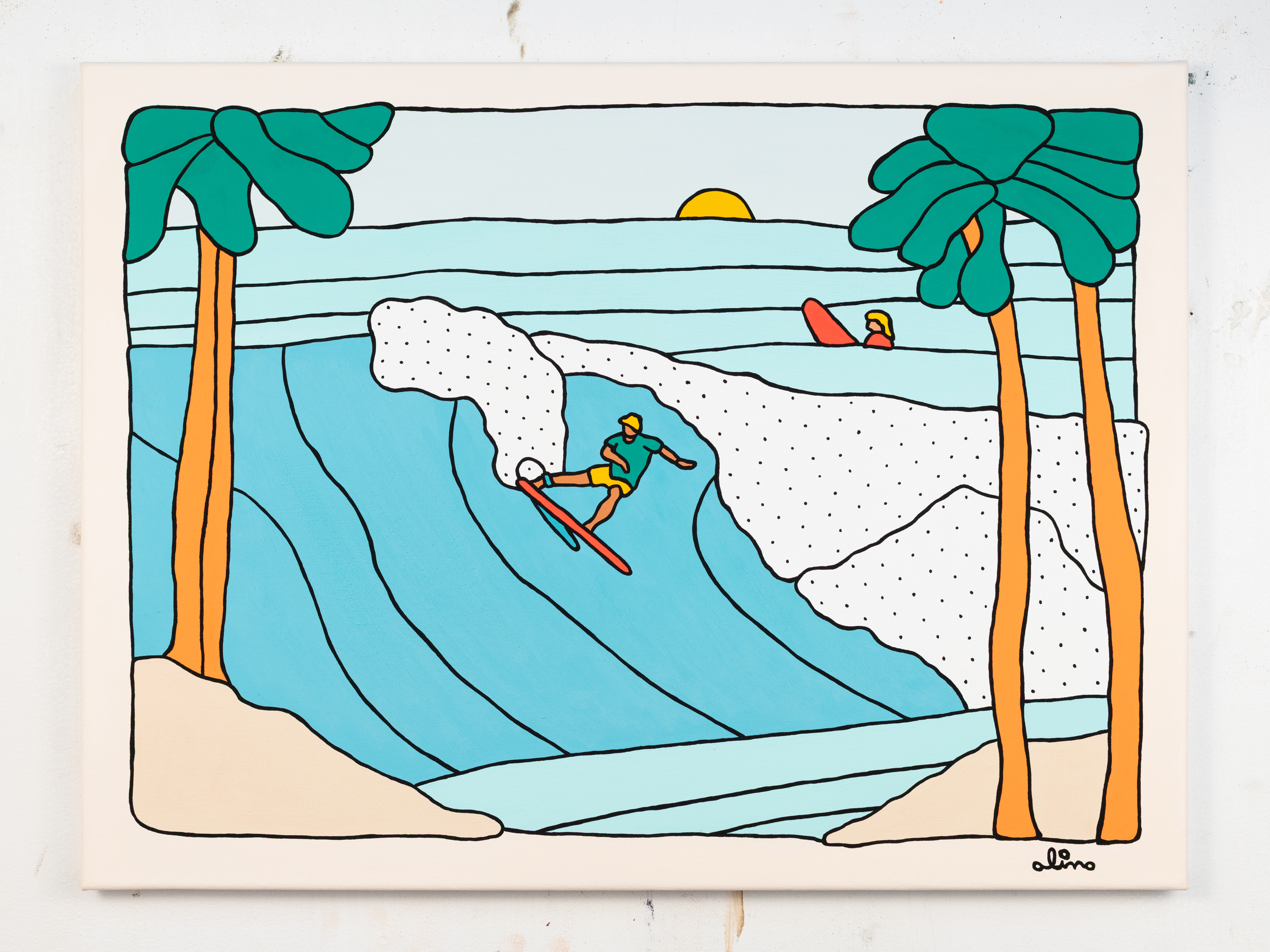 painting of man hiking in snow