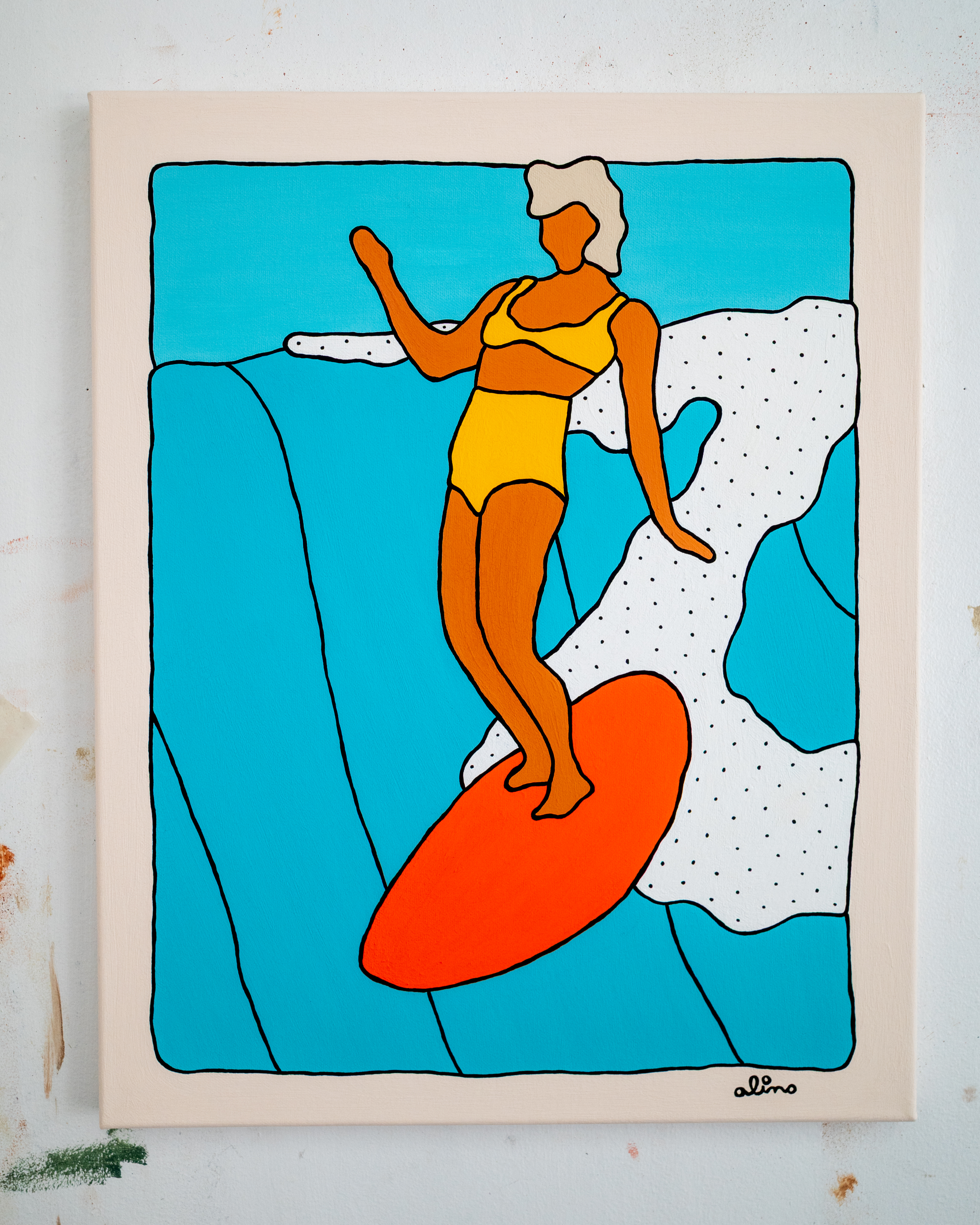 painting of man hiking in snow