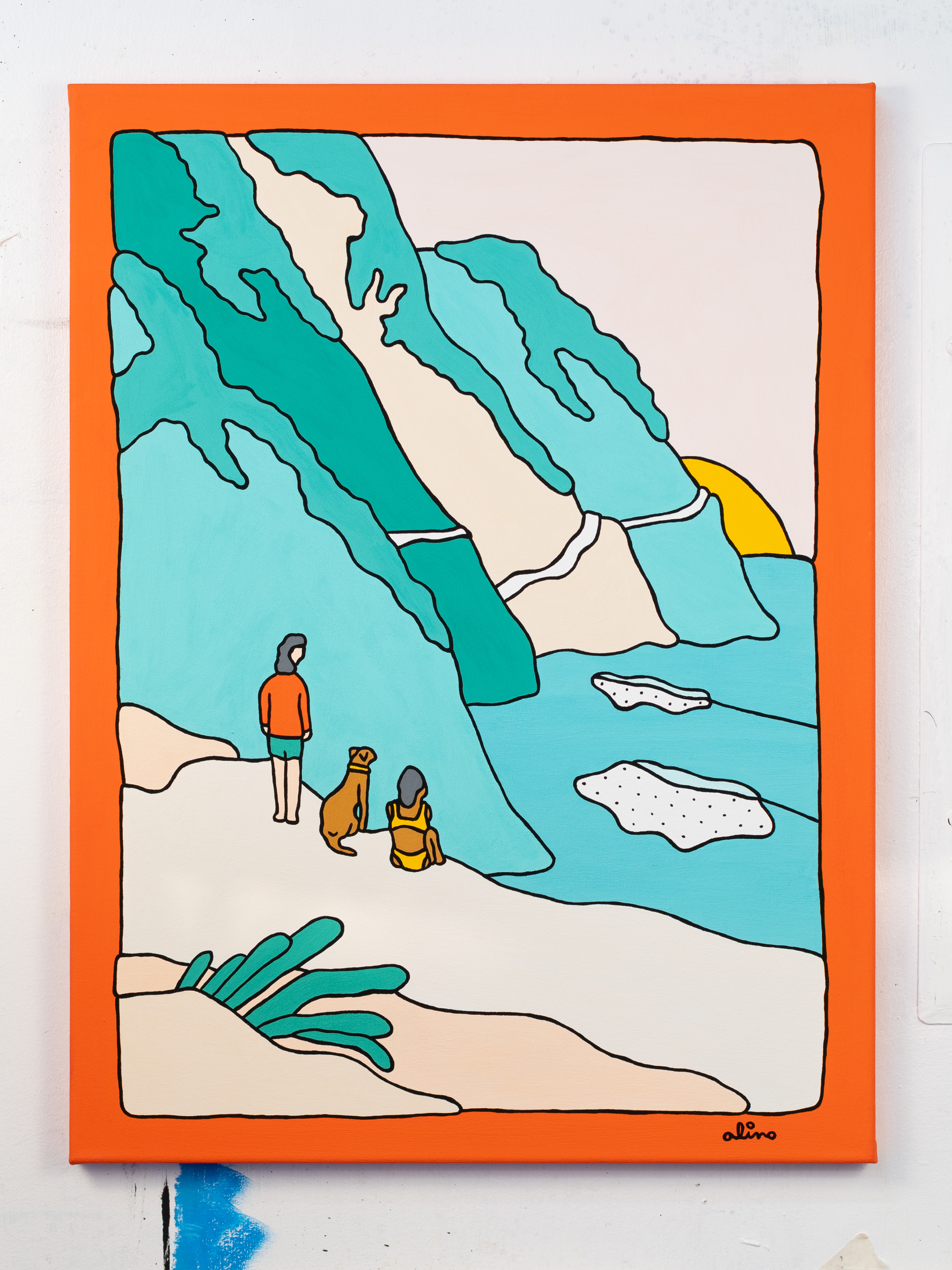 watercolor painting of building near sea