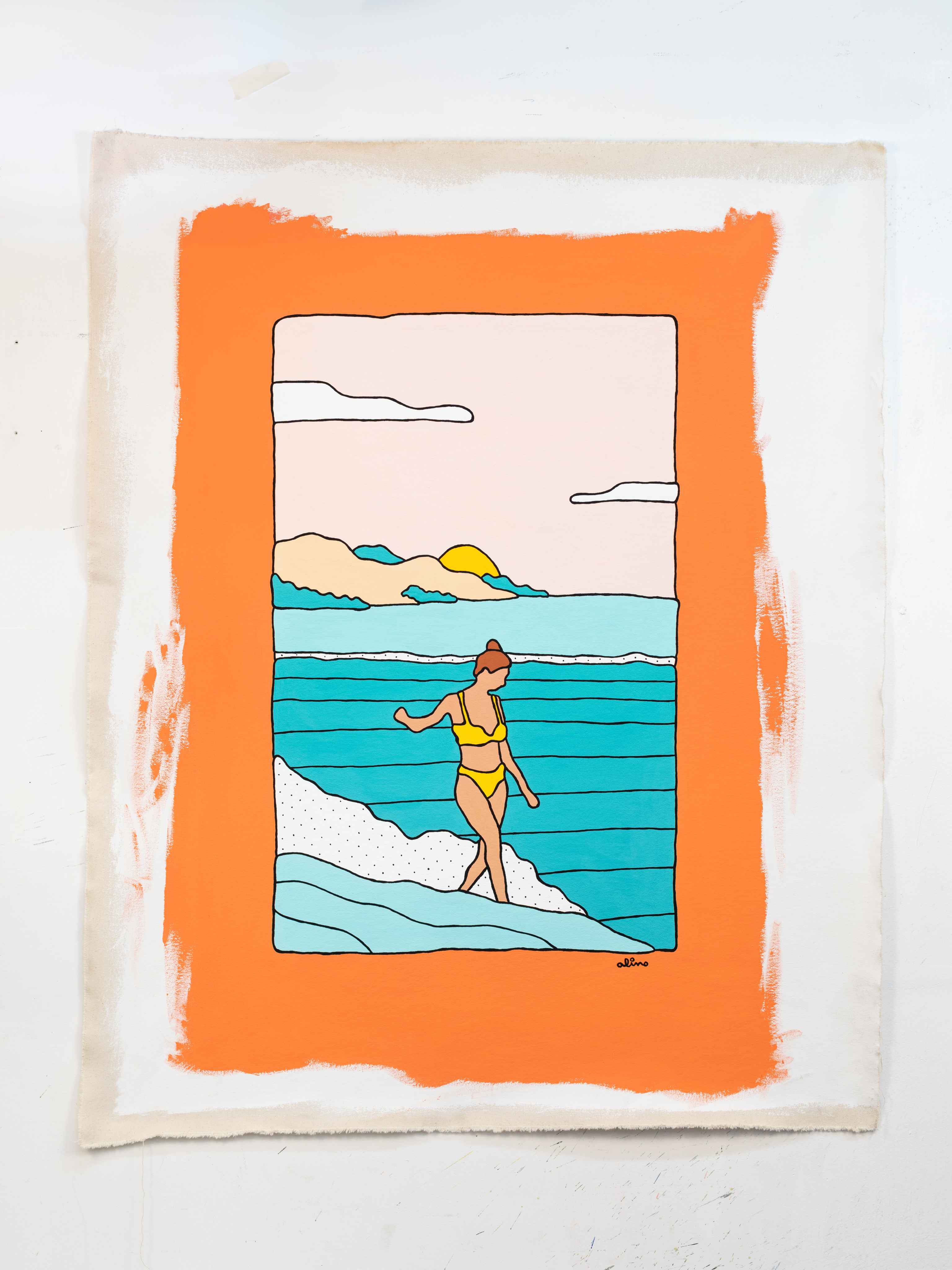 watercolor painting of building near sea